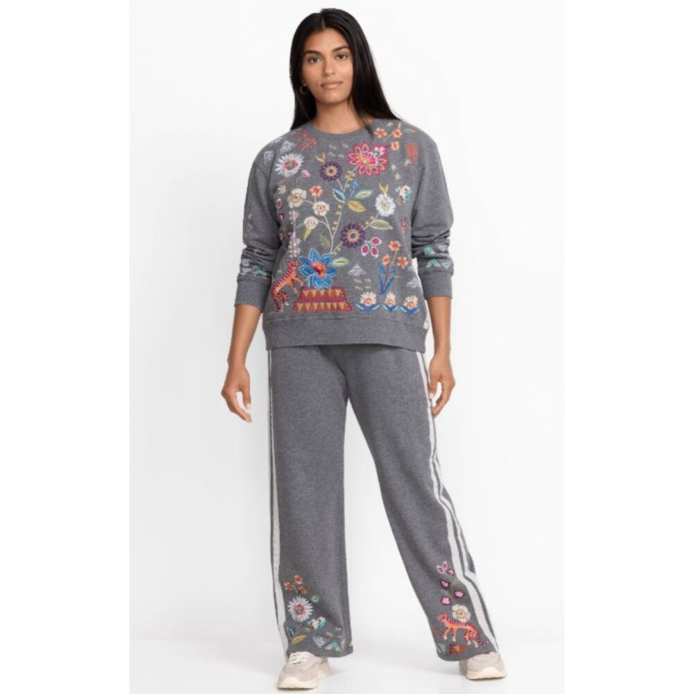 Johnny Was Griffin Wide Leg Ribbon Pant in Embroidered Grey Marled size Small - Picture 5 of 16